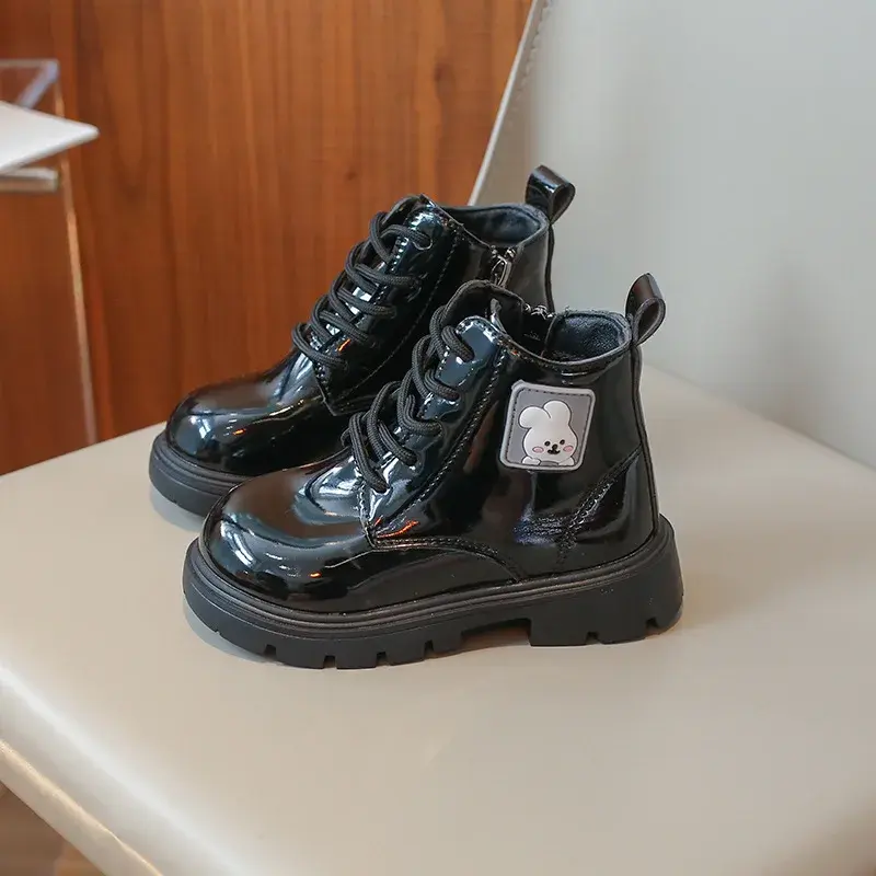Kids Leather Boots 2024 Autumn New Patent Leather Glossy Short Boots with Cute Rabbit Toddler Girls Fashion Versatile Ankle Boot
