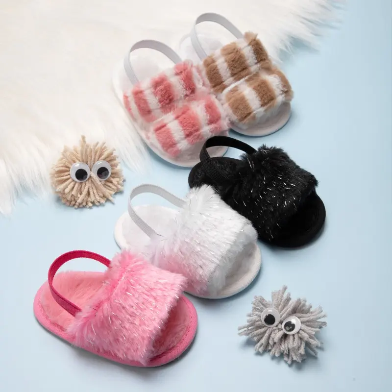Toddlers Girls New Slippers Winter Furry Hairy Children Fashion Cotton Shoes Open-toe Warm Soft Kids Causal Walking Flat Slipper