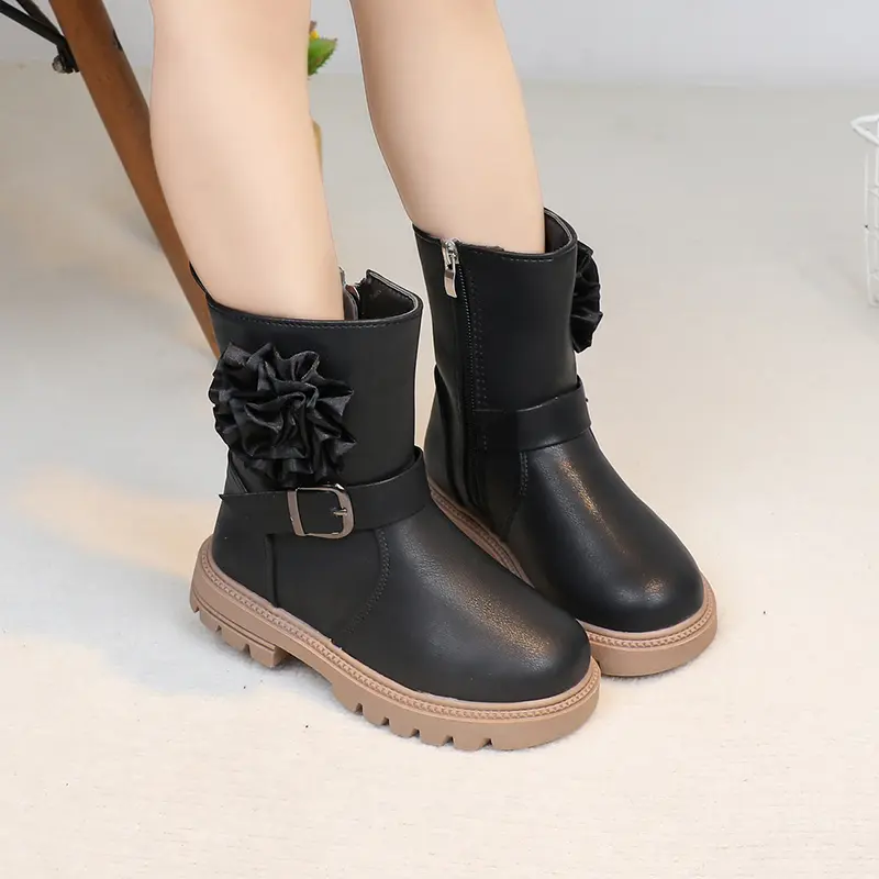 Girls Princess Fashion Boots with Flower Ball 2025 Autumn Winter Kids Boots Mid-calf with Buckle Classic Sweet for Children New