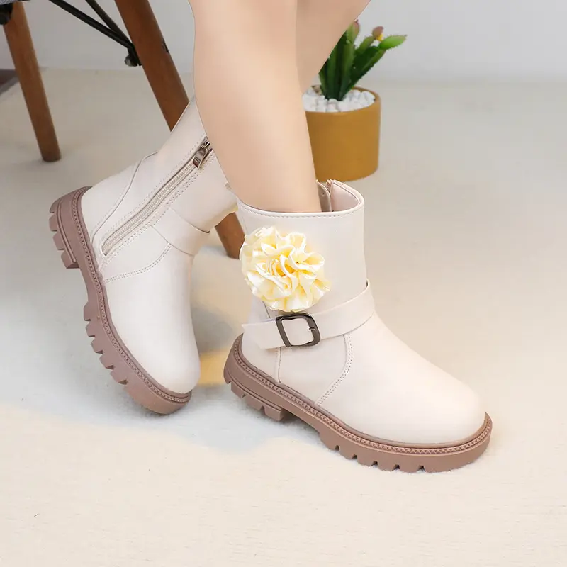 Girls Princess Fashion Boots with Flower Ball 2025 Autumn Winter Kids Boots Mid-calf with Buckle Classic Sweet for Children New
