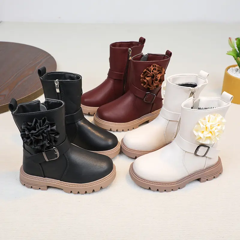 Girls Princess Fashion Boots with Flower Ball 2025 Autumn Winter Kids Boots Mid-calf with Buckle Classic Sweet for Children New
