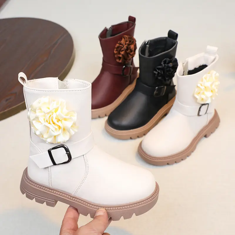 Girls Princess Fashion Boots with Flower Ball 2025 Autumn Winter Kids Boots Mid-calf with Buckle Classic Sweet for Children New