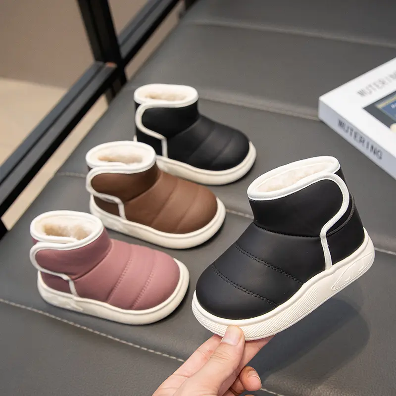 Children Short Boots Kids Leather Snow Boots Non-slip Boys Girls Thick Warm Plush Fur Boots Anti-Slippery Simple 2024 Winter New