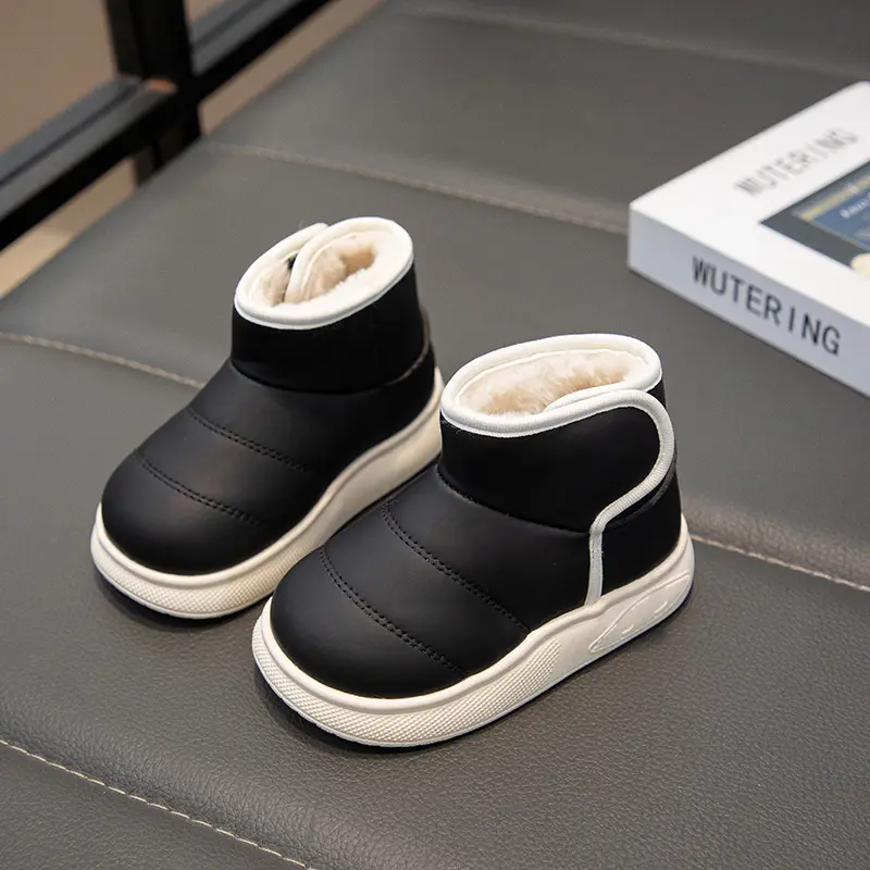 Children Short Boots Kids Leather Snow Boots Non-slip Boys Girls Thick Warm Plush Fur Boots Anti-Slippery Simple 2024 Winter New