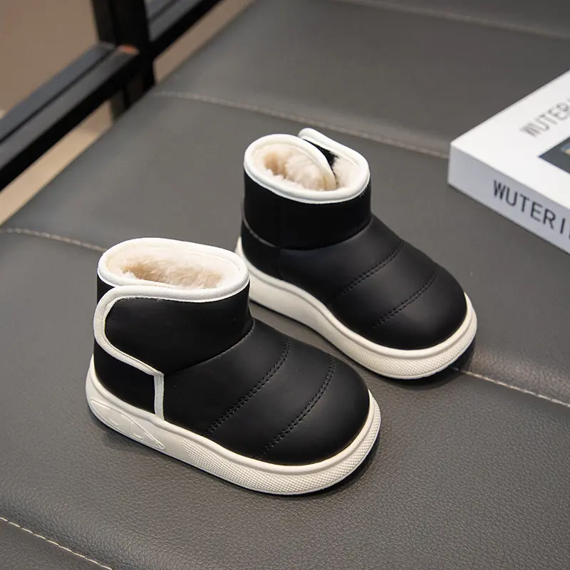 Children Short Boots Kids Leather Snow Boots Non-slip Boys Girls Thick Warm Plush Fur Boots Anti-Slippery Simple 2024 Winter New