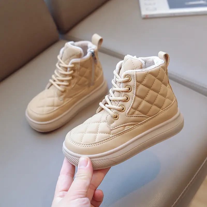 Children's Cotton Boots 2025 Winter British Style Plush Short Boots Light Kids Fashionable Leather Boots for Boys' Solid Color