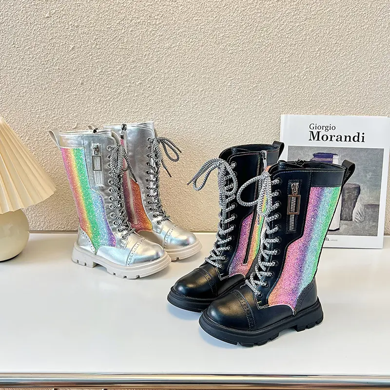 Autumn and Winter 2023 New Children's Fashion Mid-calf Boots Soft Sole British Style Cool Colorful Narrow Band Versatile Shoes