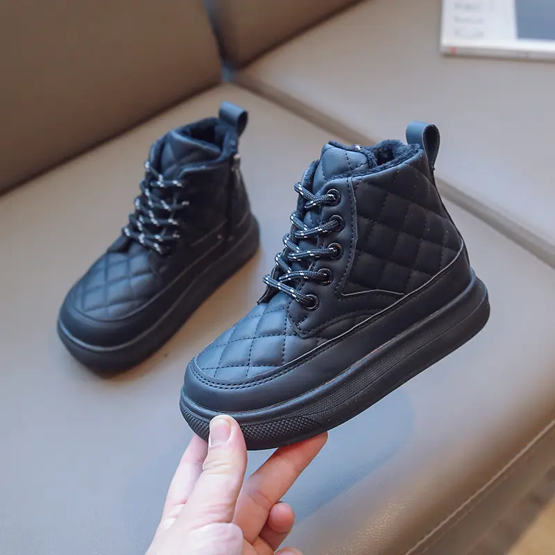Children's Cotton Boots 2025 Winter British Style Plush Short Boots Light Kids Fashionable Leather Boots for Boys' Solid Color