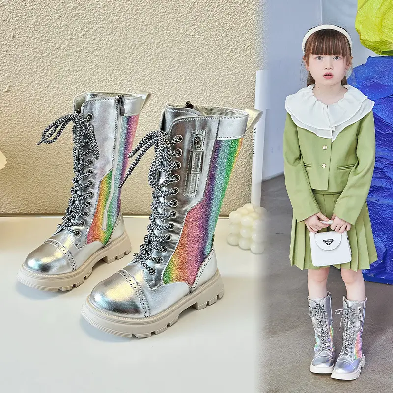 Autumn and Winter 2023 New Children's Fashion Mid-calf Boots Soft Sole British Style Cool Colorful Narrow Band Versatile Shoes