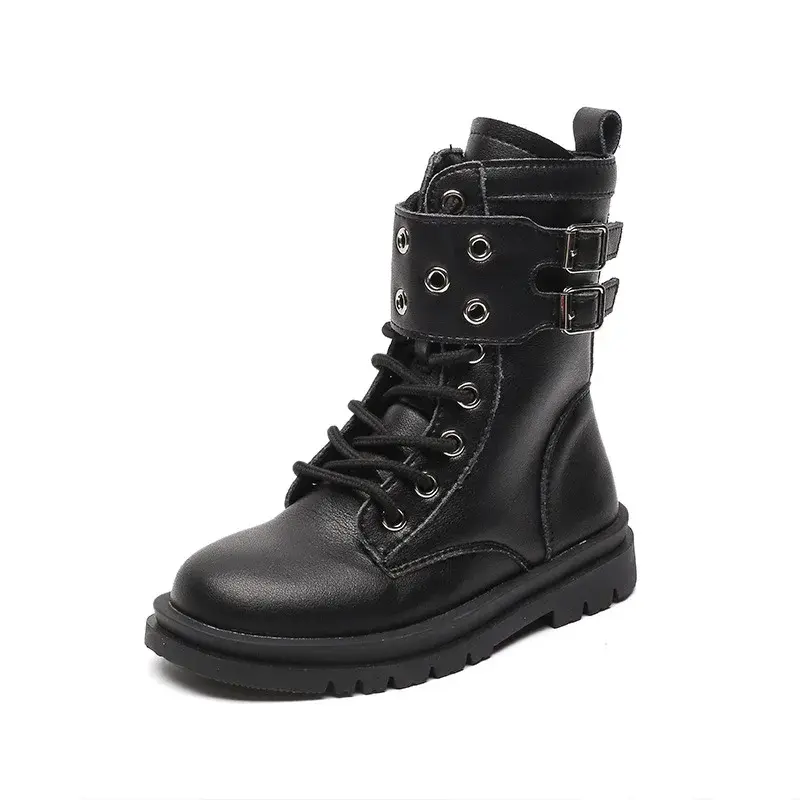Girls Boots 2024 Autumn Winter Kids Fashion Boots Side Zipper with Metal Buckle Fashion Classic Children Rubber Boots Black New