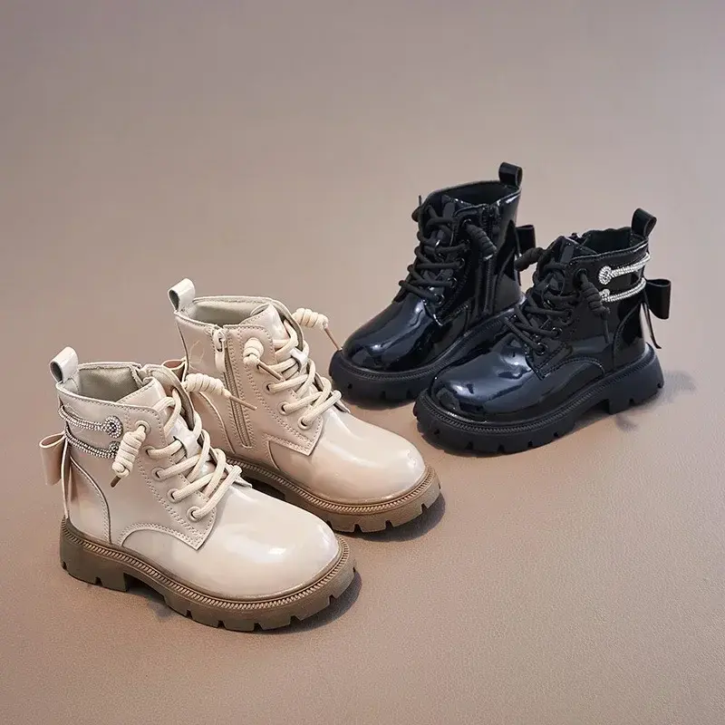 2024 Four Seasons Kids Girls Boots PU Leather Waterproof Plush Kids Snow Boots Fashion Children Shoes Non-slip Shoes Back Bow