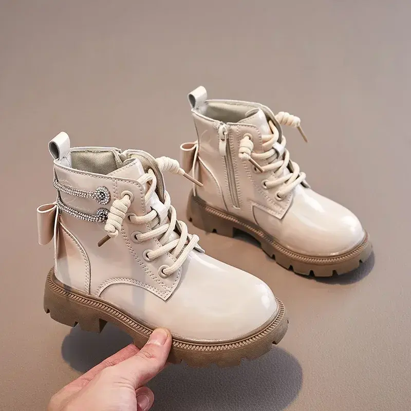 2024 Four Seasons Kids Girls Boots PU Leather Waterproof Plush Kids Snow Boots Fashion Children Shoes Non-slip Shoes Back Bow
