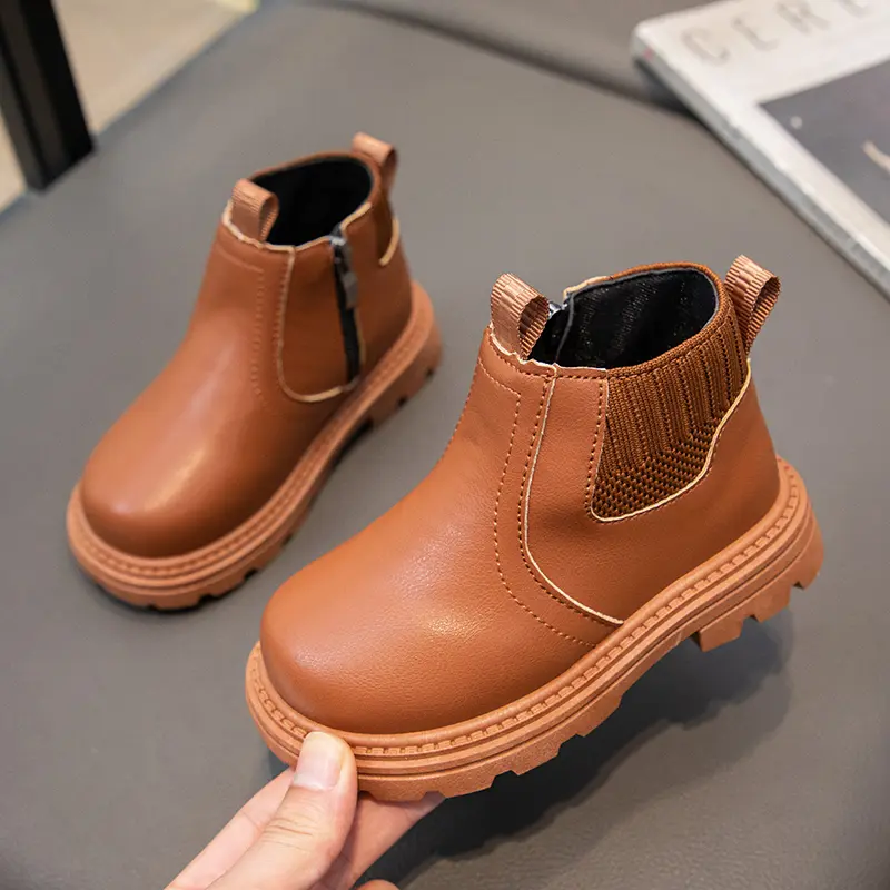 Boys Girls Leather Boots Side Zipper Retro British Style Children's Fashion Socks Boots 2024 Spring Autumn Kids Ankle Boots 2024