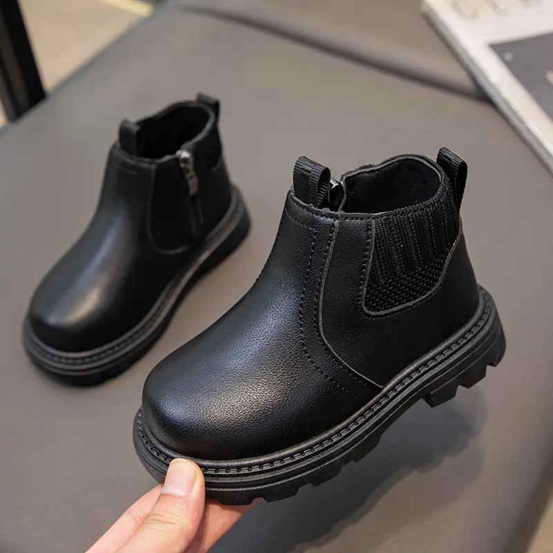 Boys Girls Leather Boots Side Zipper Retro British Style Children's Fashion Socks Boots 2024 Spring Autumn Kids Ankle Boots 2024