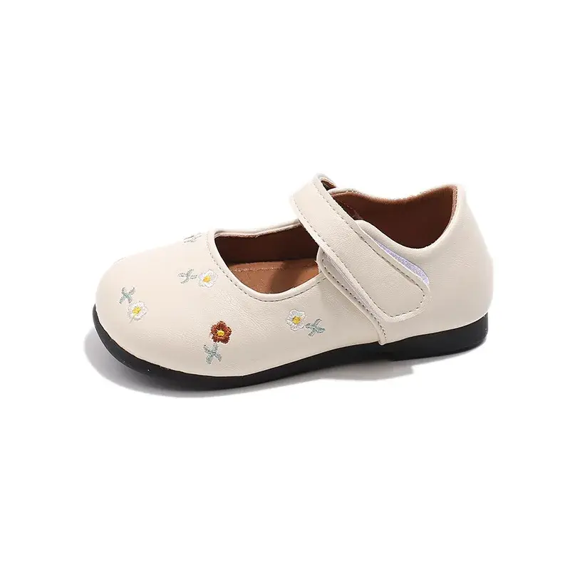 2024 Children Leather Shoes for Girls Autumn New Fashion Sweet Flowers Soft Bottom Anti-slippery Versatile Chic Princess Flats