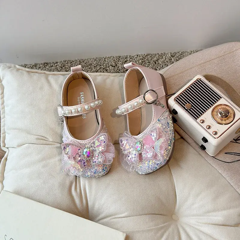 Girls Princess Leather Shoes New Kids Luxury Shoes Sweet Sequins Children Causal Wedding Party Flat Shoes Fashion Elegant Chic