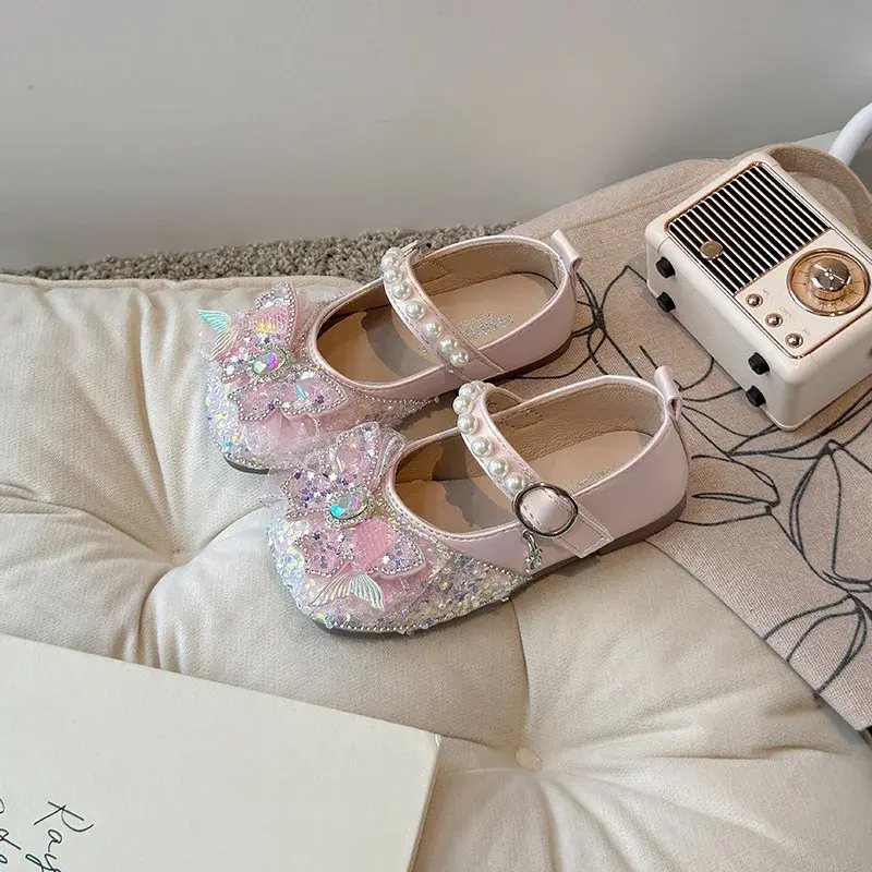 Girls Princess Leather Shoes New Kids Luxury Shoes Sweet Sequins Children Causal Wedding Party Flat Shoes Fashion Elegant Chic