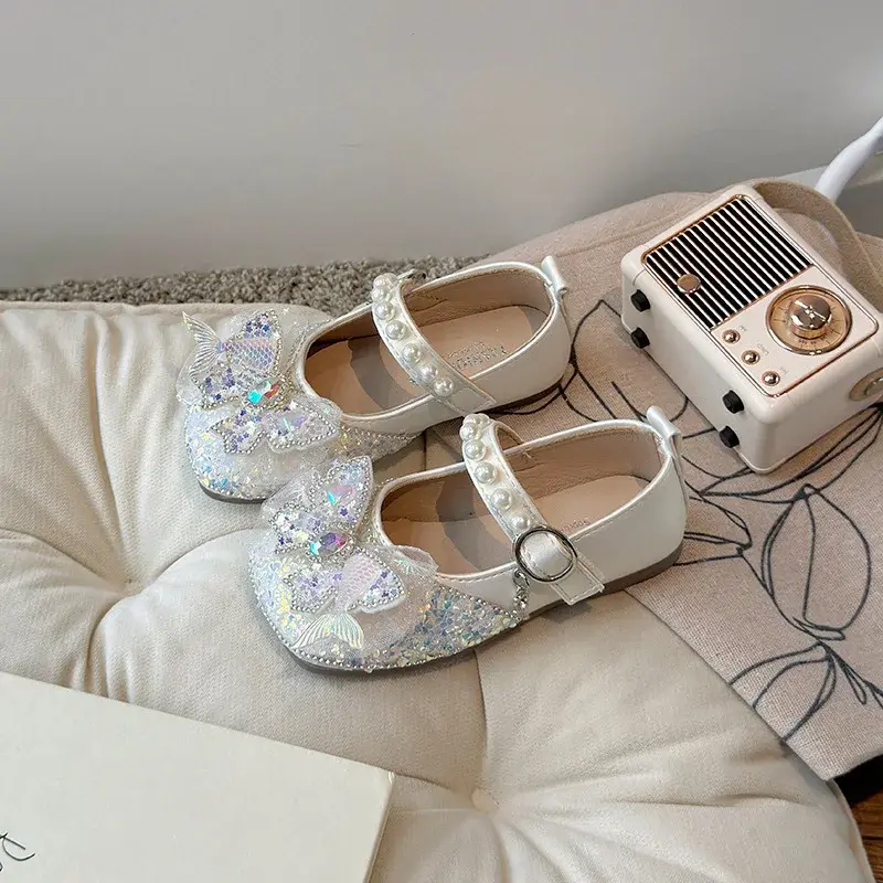 Girls Princess Leather Shoes New Kids Luxury Shoes Sweet Sequins Children Causal Wedding Party Flat Shoes Fashion Elegant Chic