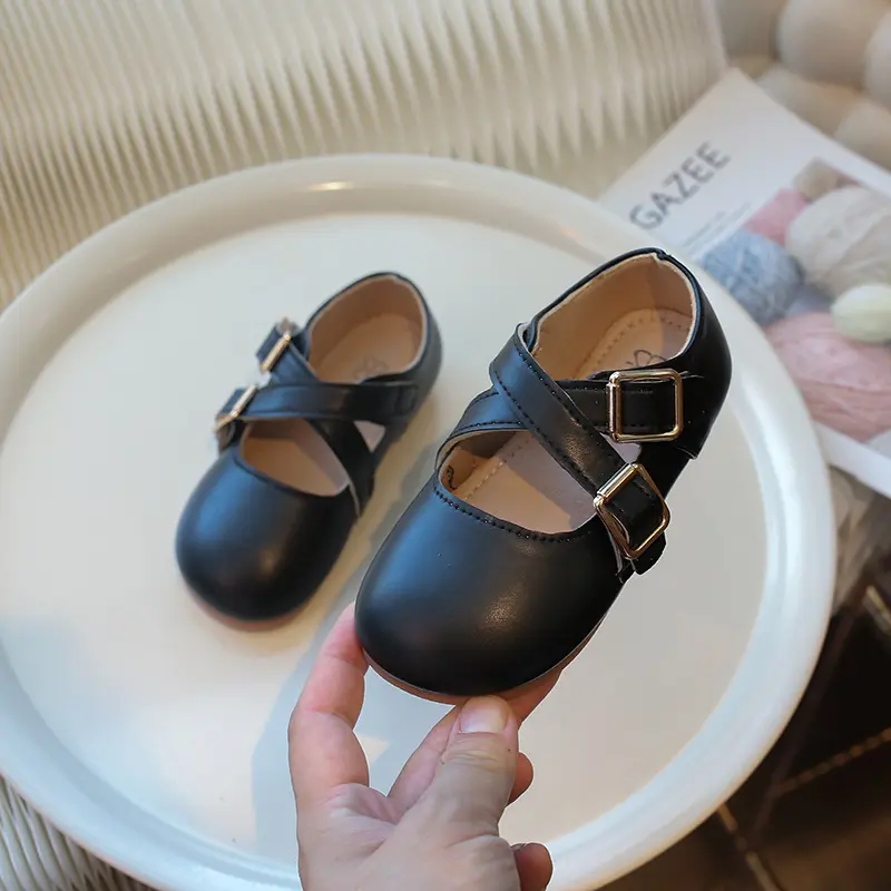 Korean Style Little Girl Leather Shoes Simple Fashion Children's Flats Solid Color Causal Kids Versatile Walking Shoes Round-toe