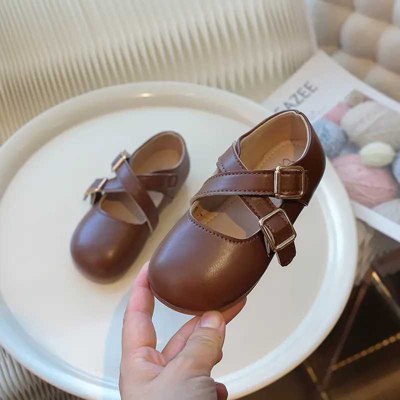 Korean Style Little Girl Leather Shoes Simple Fashion Children's Flats Solid Color Causal Kids Versatile Walking Shoes Round-toe