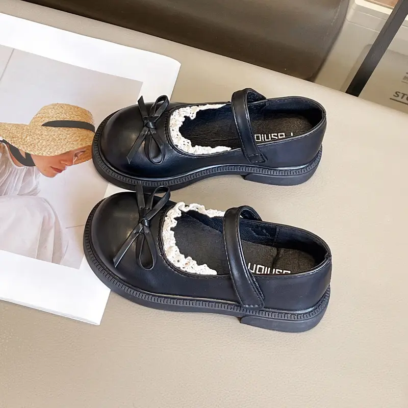 2025 Trend Girls Leather Shoes Lolita Children Princess Causal Shoes Fashion Lace Ruffled Edge Kids Mary Jane Shoes Versatile