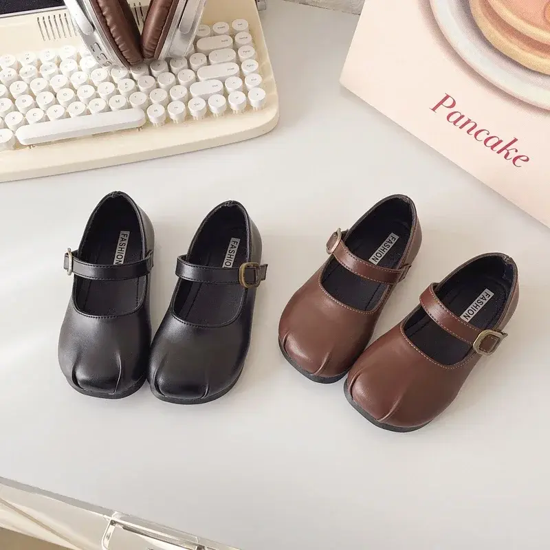 Girls Leather Shoes Soild Color Simplicity 2025 Spring Autumn Kids Princess Shoes Pleated Ins Trend Girls Flats Round Toes Sweet