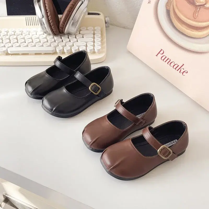 Girls Leather Shoes Soild Color Simplicity 2025 Spring Autumn Kids Princess Shoes Pleated Ins Trend Girls Flats Round Toes Sweet