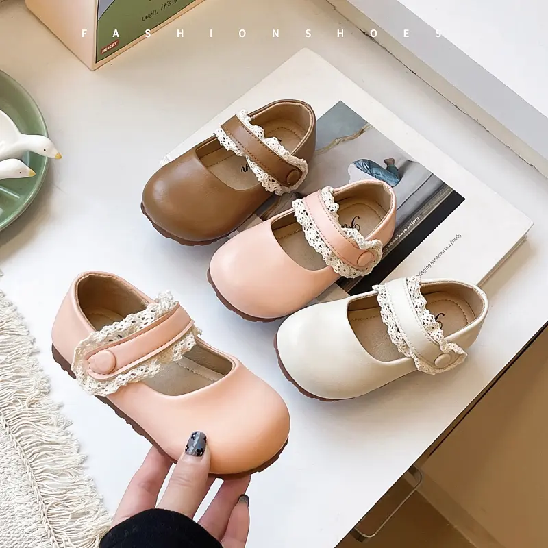 Baby Girls Leather Shoes for Party Wedding Soft Toddlers Kids Mary Janes with Lace Princess Sweet Children Flats 2025 Spring New