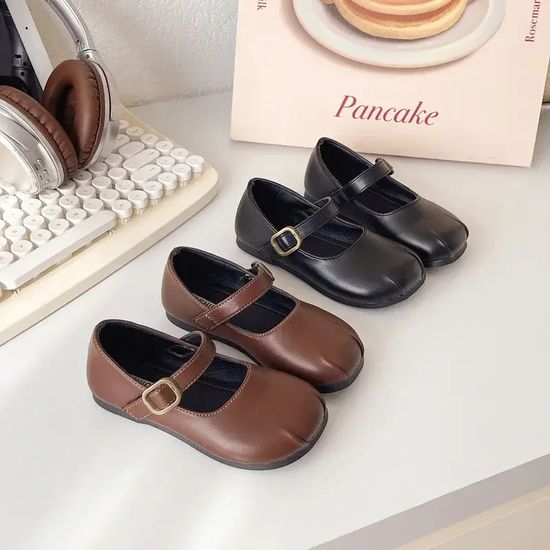 Girls Leather Shoes Soild Color Simplicity 2025 Spring Autumn Kids Princess Shoes Pleated Ins Trend Girls Flats Round Toes Sweet