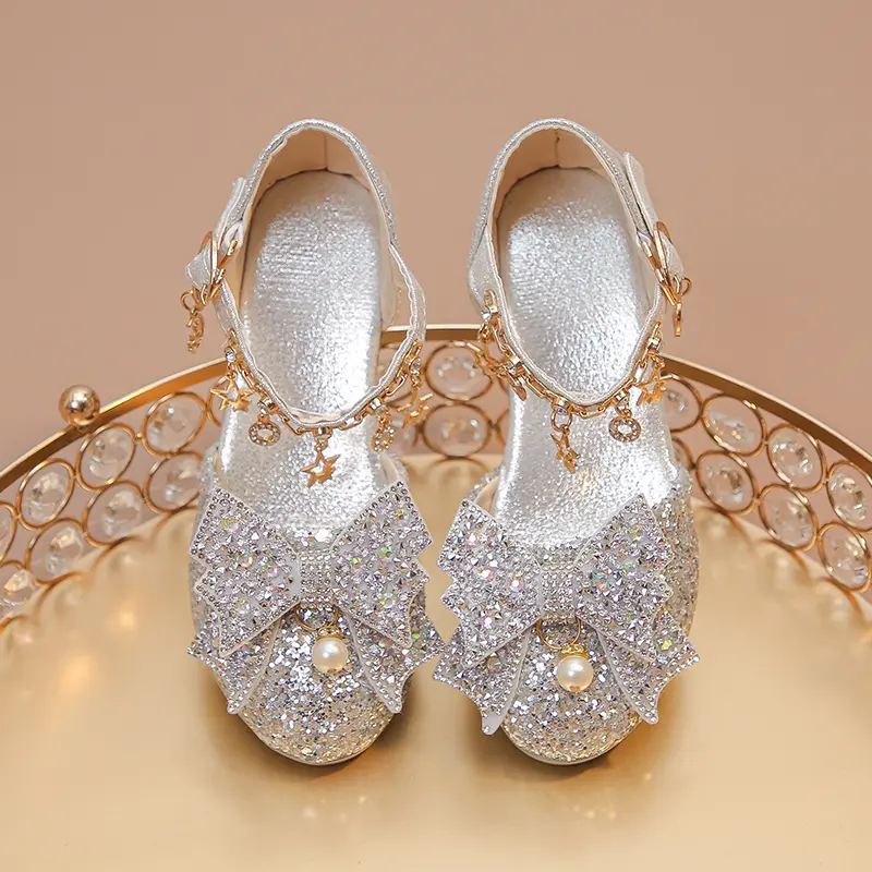 Girls High Heeled Leather Shoes for Wedding Party Glitter Rhinestone with Bow-knot Kids Dress High Heels Pendant Bling Sparkling