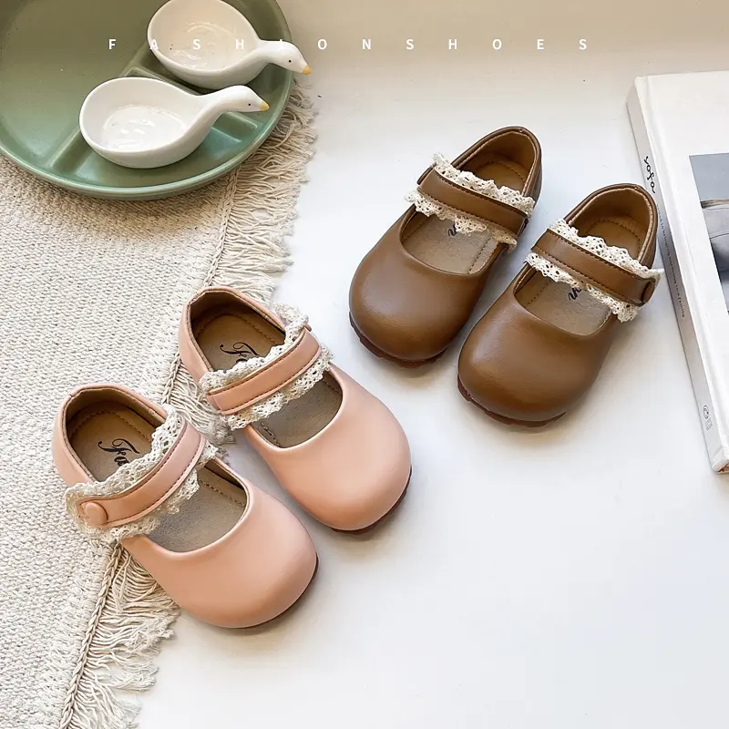 Baby Girls Leather Shoes for Party Wedding Soft Toddlers Kids Mary Janes with Lace Princess Sweet Children Flats 2025 Spring New