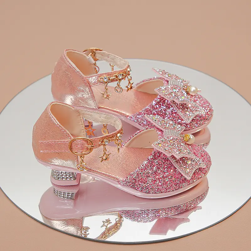 Girls High Heeled Leather Shoes for Wedding Party Glitter Rhinestone with Bow-knot Kids Dress High Heels Pendant Bling Sparkling