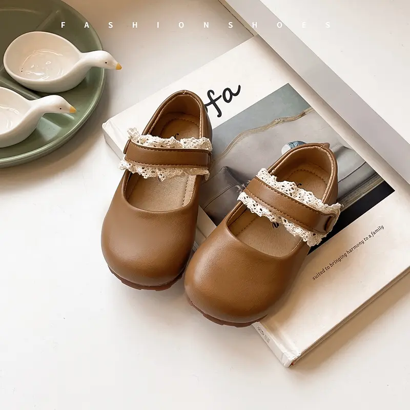 Baby Girls Leather Shoes for Party Wedding Soft Toddlers Kids Mary Janes with Lace Princess Sweet Children Flats 2025 Spring New