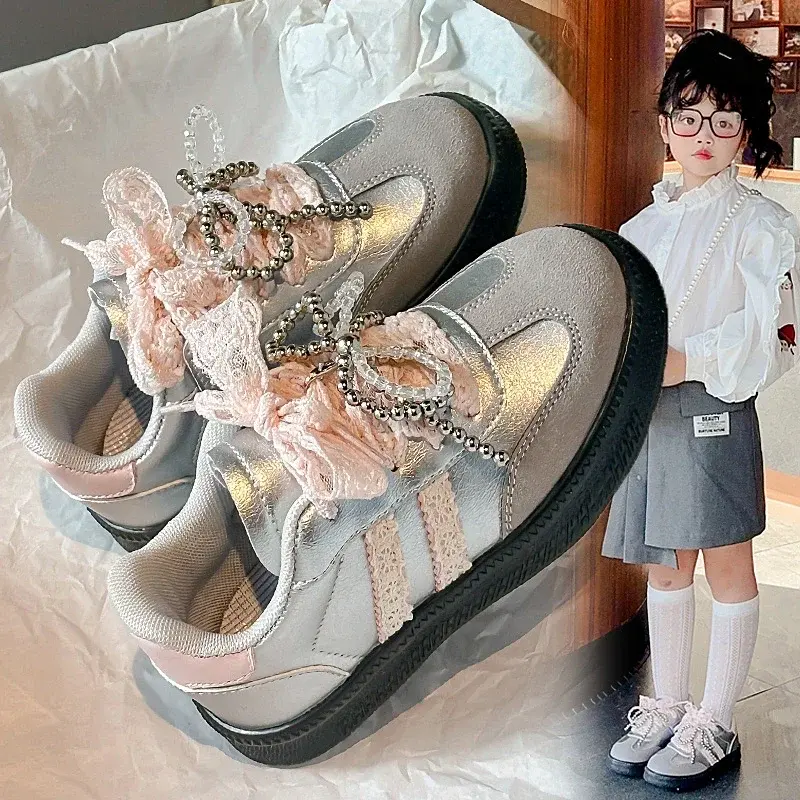 Girls Sports Shoes Mesh Lace Bow 2025 New Kids Casual Shoes Princess Style Ins Trendy Children Running Shoes Fashion Soft Sole