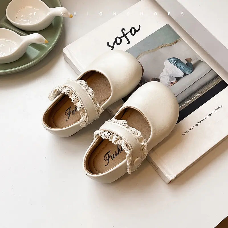 Baby Girls Leather Shoes for Party Wedding Soft Toddlers Kids Mary Janes with Lace Princess Sweet Children Flats 2025 Spring New