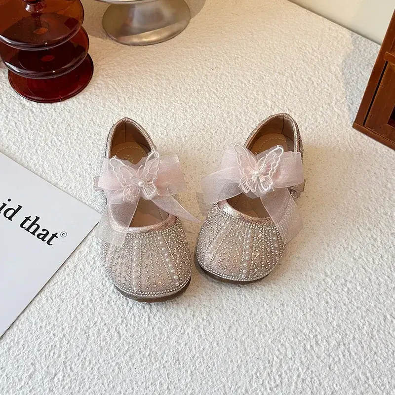 Girls Flat Shoes Mesh Lace Bows Sweet Butterfly 2025 New Kids Leather Shoes Round Toes Girls Princess Shoes Non-slip Pearl Sweet