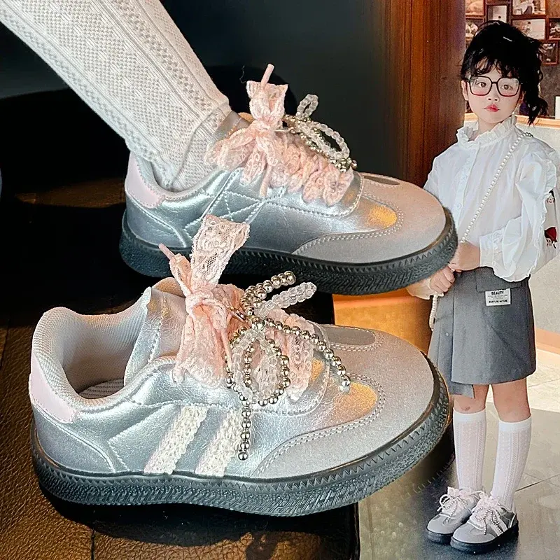 Girls Sports Shoes Mesh Lace Bow 2025 New Kids Casual Shoes Princess Style Ins Trendy Children Running Shoes Fashion Soft Sole