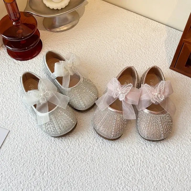 Girls Flat Shoes Mesh Lace Bows Sweet Butterfly 2025 New Kids Leather Shoes Round Toes Girls Princess Shoes Non-slip Pearl Sweet
