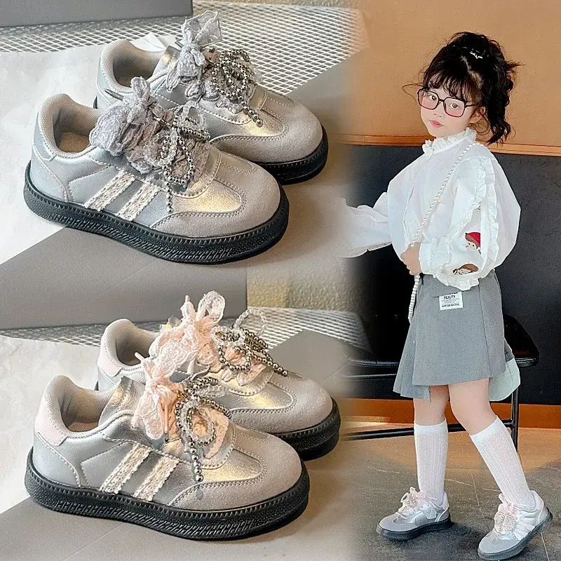 Girls Sports Shoes Mesh Lace Bow 2025 New Kids Casual Shoes Princess Style Ins Trendy Children Running Shoes Fashion Soft Sole