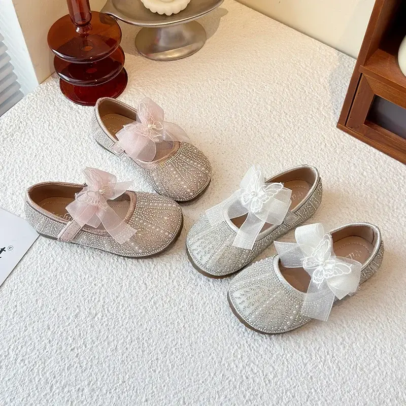 Girls Flat Shoes Mesh Lace Bows Sweet Butterfly 2025 New Kids Leather Shoes Round Toes Girls Princess Shoes Non-slip Pearl Sweet