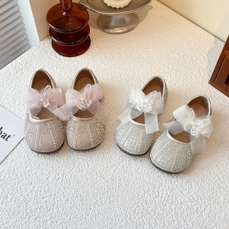 Girls Flat Shoes Mesh Lace Bows Sweet Butterfly 2025 New Kids Leather Shoes Round Toes Girls Princess Shoes Non-slip Pearl Sweet