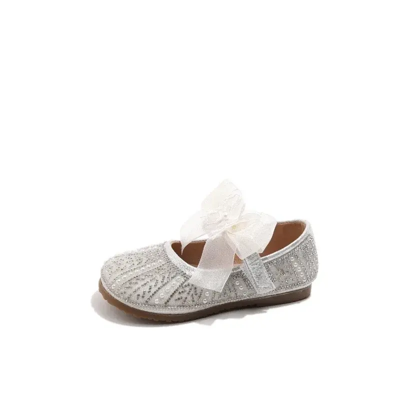 Girls Flat Shoes Mesh Lace Bows Sweet Butterfly 2025 New Kids Leather Shoes Round Toes Girls Princess Shoes Non-slip Pearl Sweet