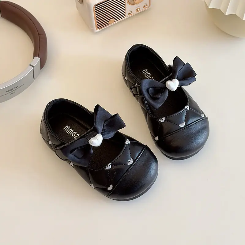 2025 Spring New Children Leather Shoes for Girls Fashion Korean Style Soft Sole Non-slip Sweet Love Baby Walking Anti-kick Shoes