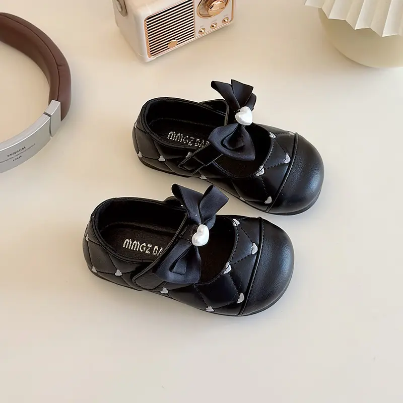 2025 Spring New Children Leather Shoes for Girls Fashion Korean Style Soft Sole Non-slip Sweet Love Baby Walking Anti-kick Shoes