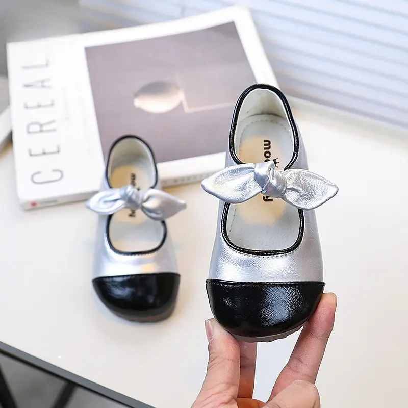 Spring New Girls Leather Shoes Fashion Patchwork Versatile Children's Flats with Bowknot Causal Sweet Kids Princess Ballet Shoes