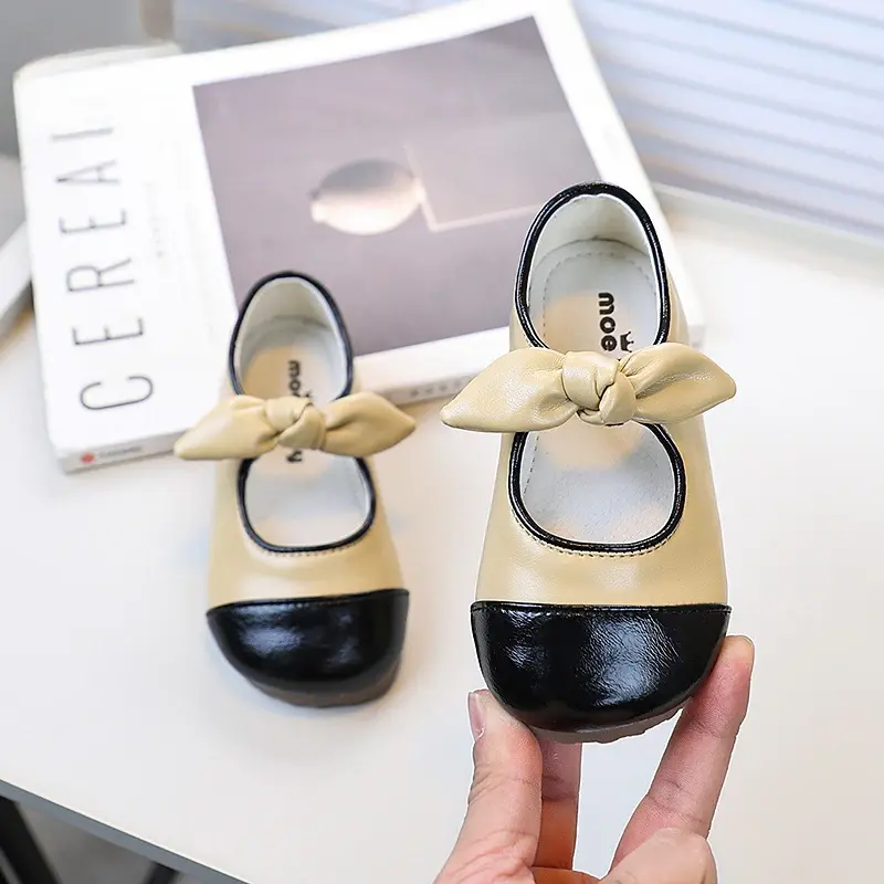 Spring New Girls Leather Shoes Fashion Patchwork Versatile Children's Flats with Bowknot Causal Sweet Kids Princess Ballet Shoes