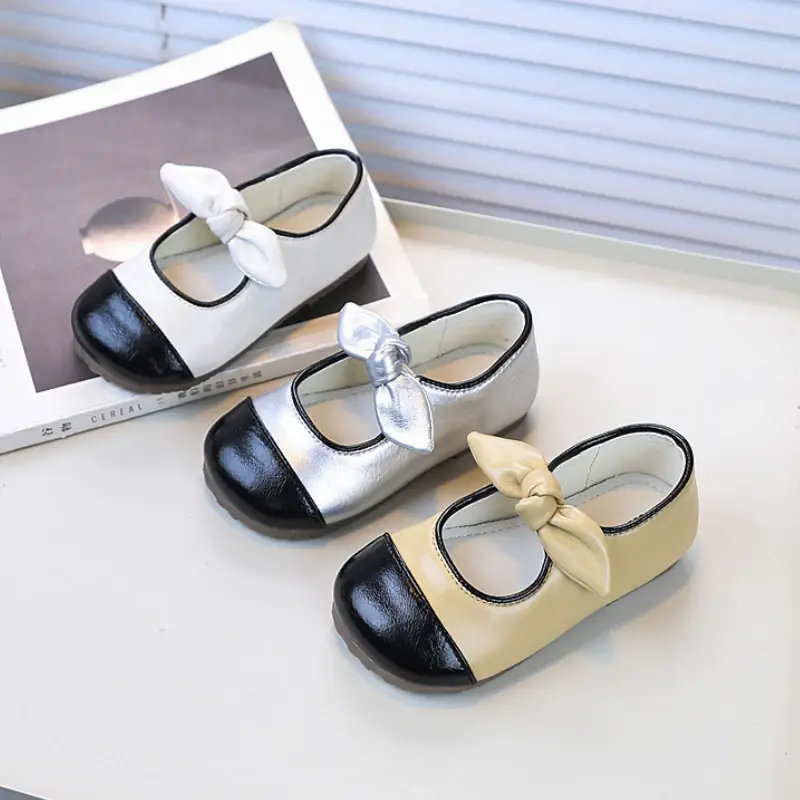 Spring New Girls Leather Shoes Fashion Patchwork Versatile Children's Flats with Bowknot Causal Sweet Kids Princess Ballet Shoes