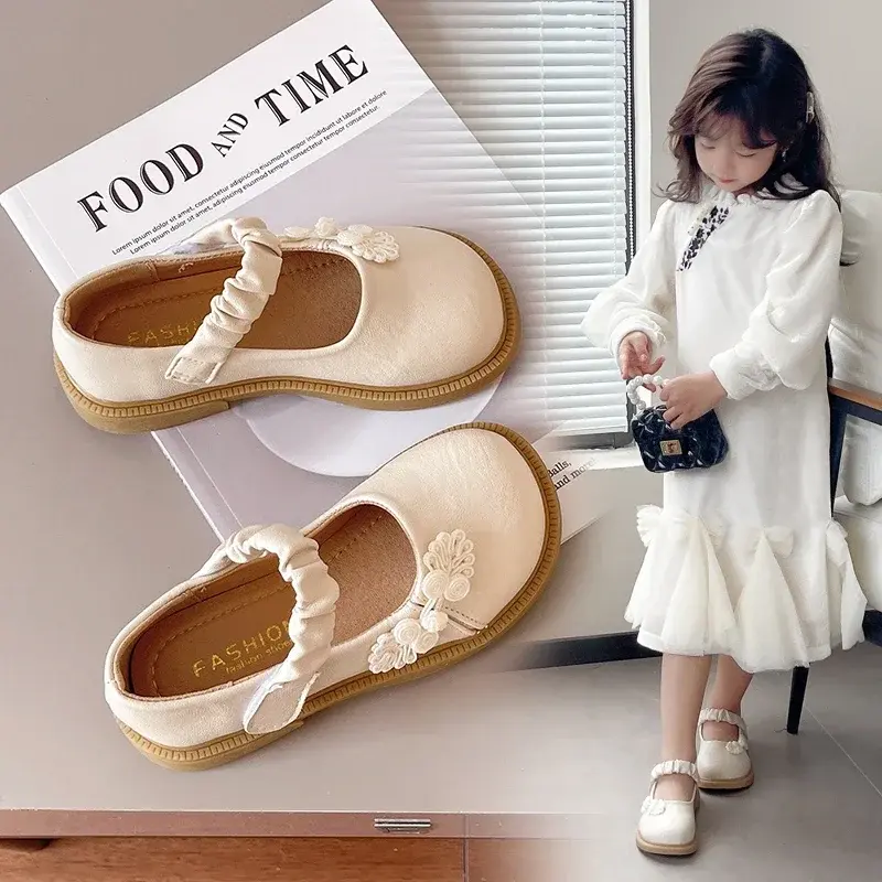 Girls Leather Shoes Chinese Style 2025 Spring Autumn Kids Flat Shoes Pu Pleated Round Toes Girls Princess Shoes Sweet Ins Trendy
