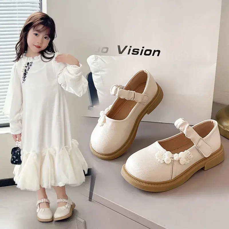 Girls Leather Shoes Chinese Style 2025 Spring Autumn Kids Flat Shoes Pu Pleated Round Toes Girls Princess Shoes Sweet Ins Trendy