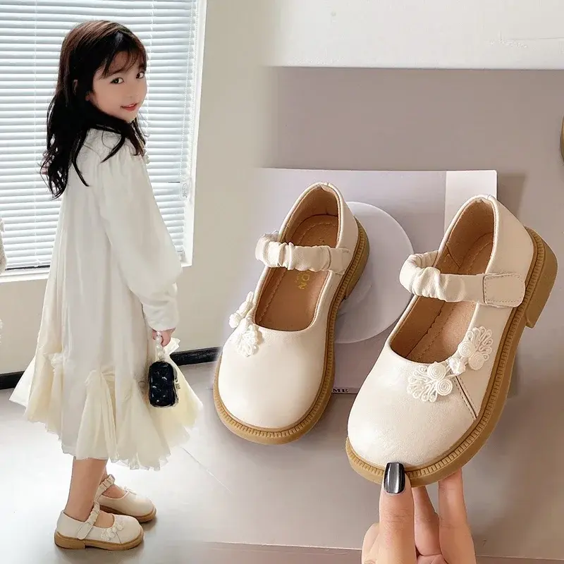 Girls Leather Shoes Chinese Style 2025 Spring Autumn Kids Flat Shoes Pu Pleated Round Toes Girls Princess Shoes Sweet Ins Trendy